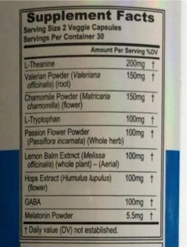 Sleepmode nutrition facts table