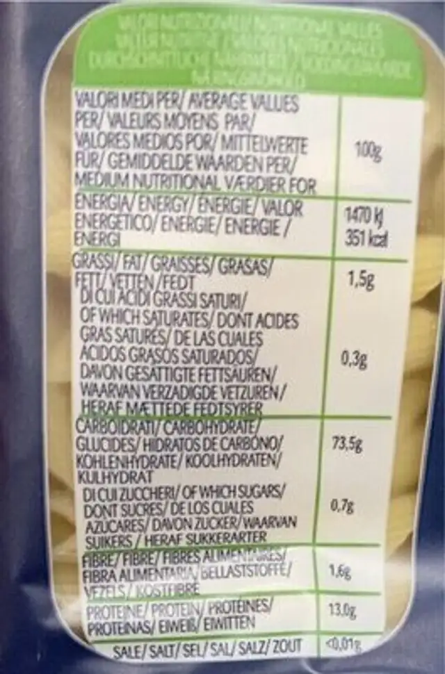 Penne Mezzani Rigate nutrition facts table