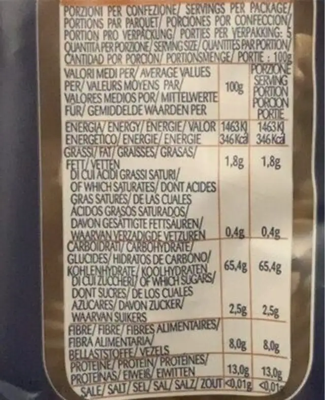Tortiglioni nutrition facts table