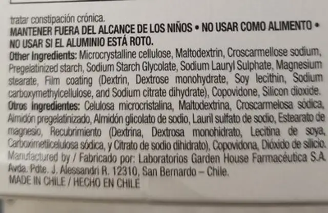 prunelax ingredients label