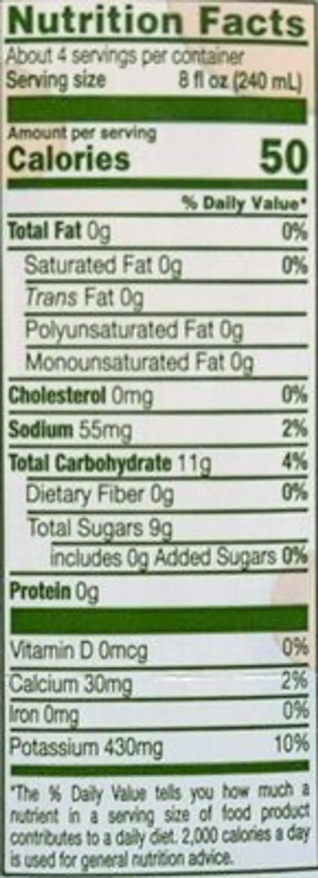 Pure natural coconut water nutrition facts table