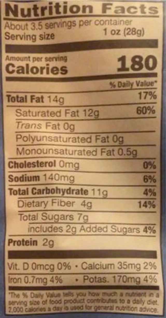Coconut Chips nutrition facts table