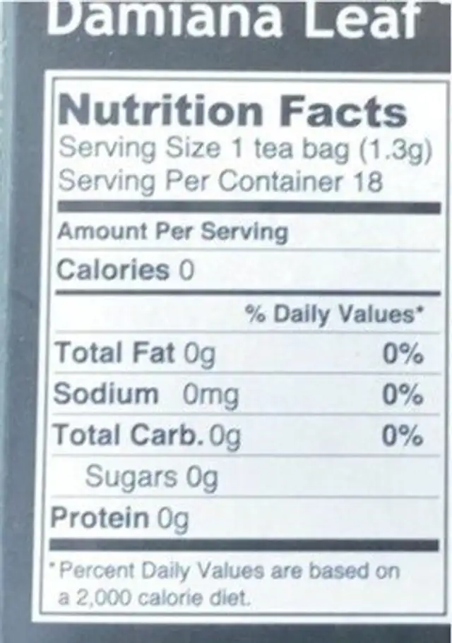 Damiana Leaf Tea nutrition facts table