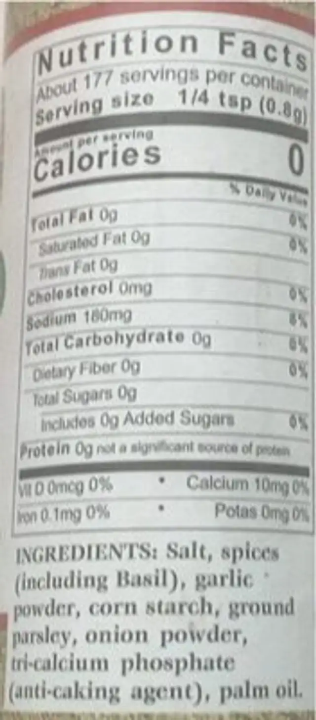 Original Mixed-Up Basil Seasoning nutrition facts table