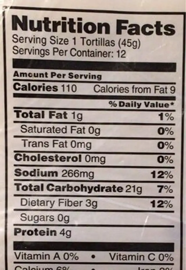 Flour Tortillas nutrition facts table
