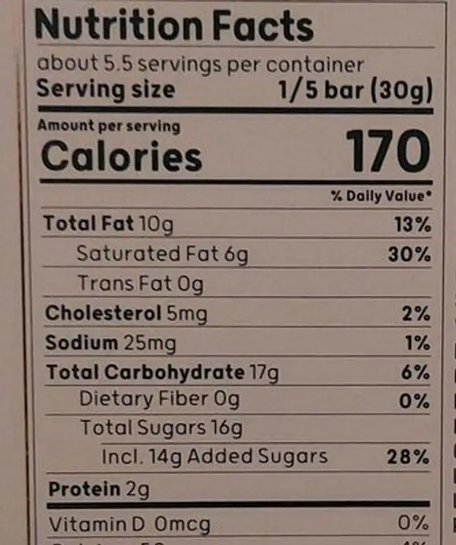Mint and coockie Chocolate Bar nutrition facts table