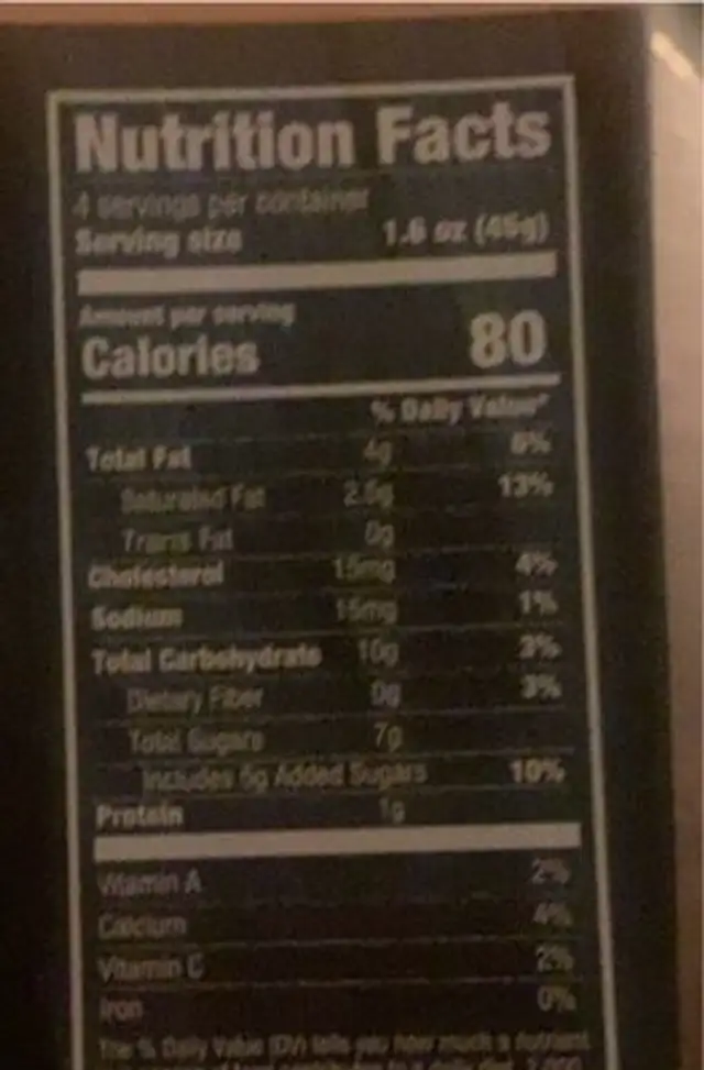 Mango Kulfi Bars nutrition facts table