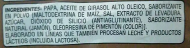 Papitas Artesanales ingredients label