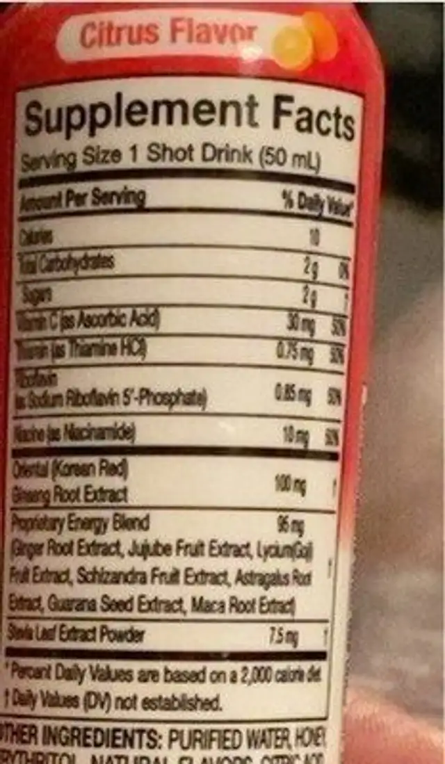 Korean Ginseng Energy nutrition facts table