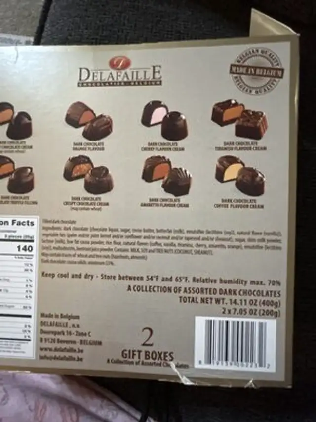 Belgium Chocolate ingredients label