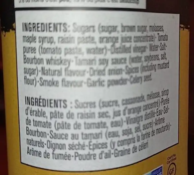 Bbq sauce whisky a l'erable ingredients label
