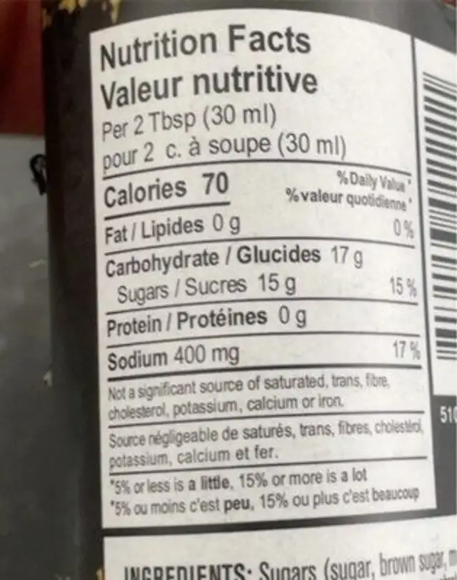 Bbq sauce whisky a l'erable nutrition facts table