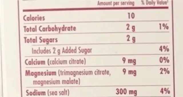 electro nutrition facts table