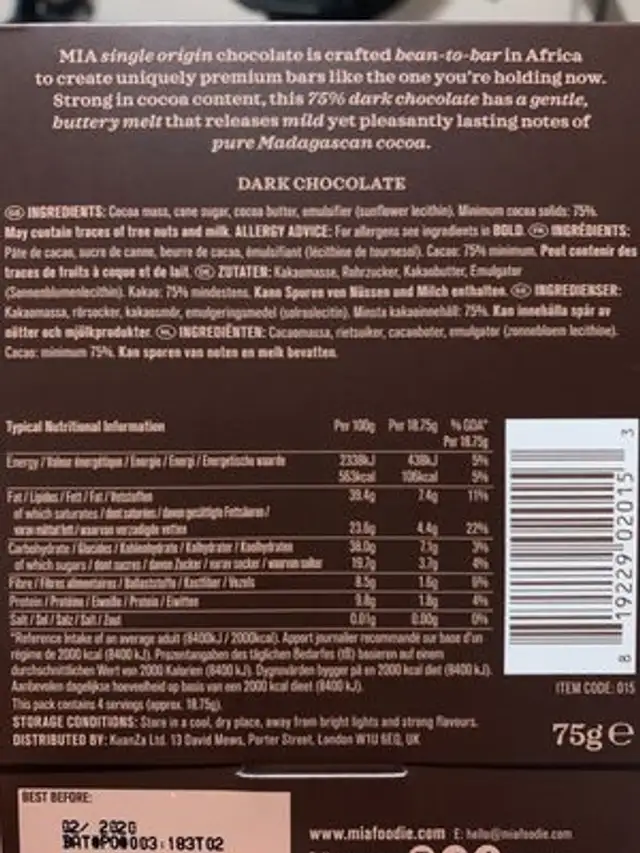 Dark Chocolate ingredients label