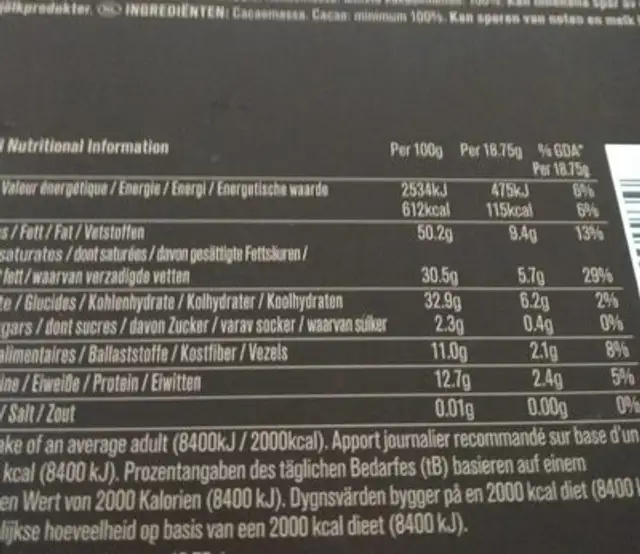 SARL chocolate nutrition facts table