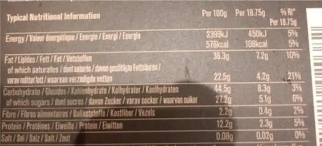 Baobab and salted nibs nutrition facts table