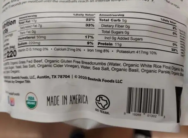 Beetnik organic grass fed beef meatballs ingredients label