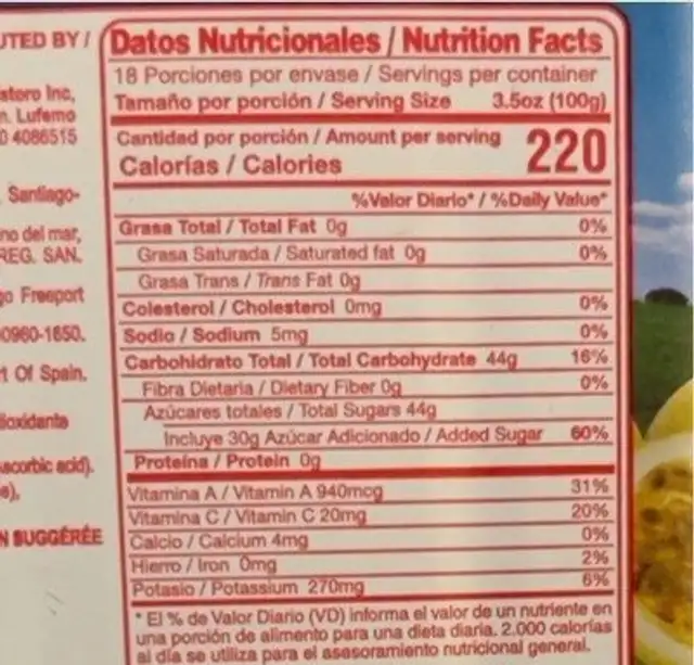 Pulpa de fruta Maracuyá nutrition facts table