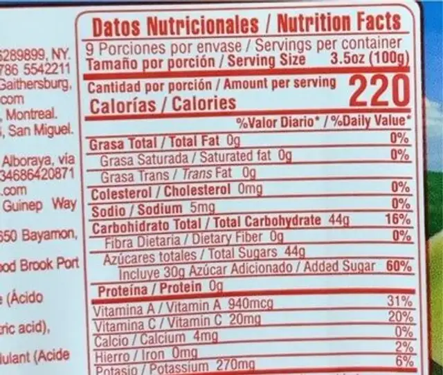 Maracuya nutrition facts table