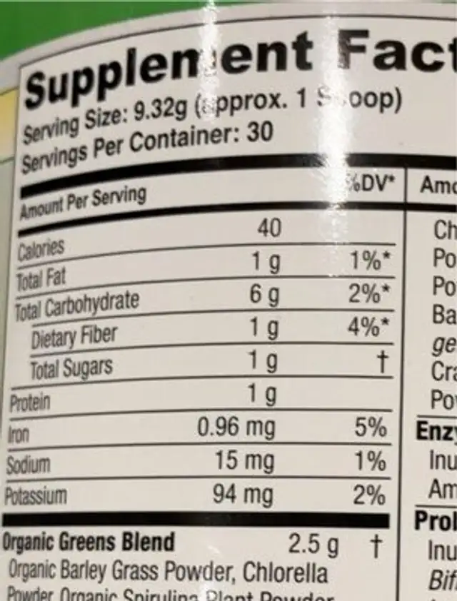 Greens First nutrition facts table