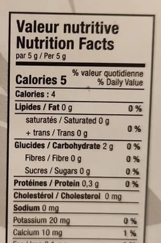 Ail pelé nutrition facts table
