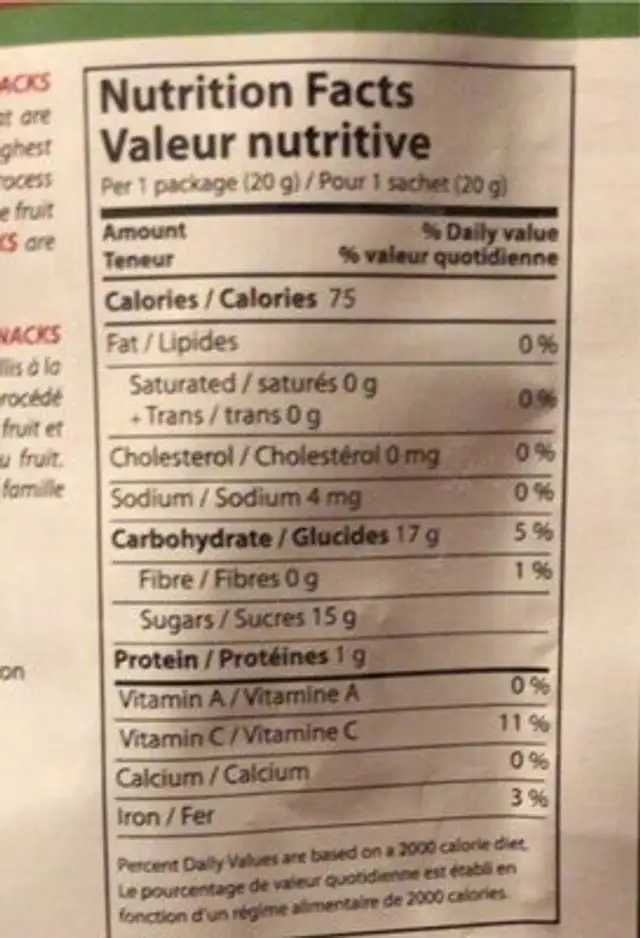 Banana Snack nutrition facts table