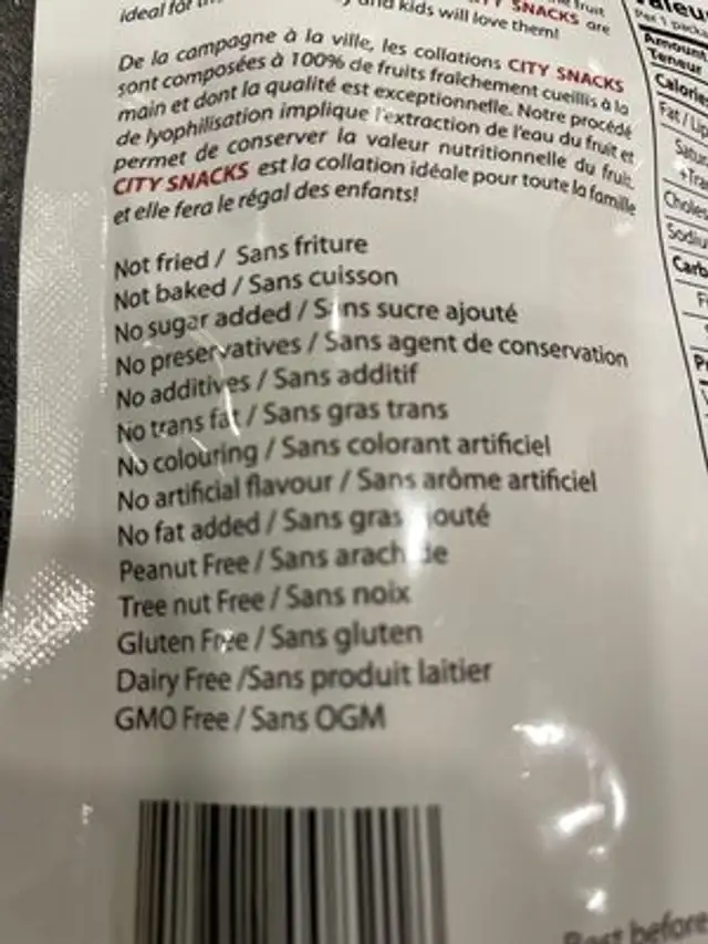 Collation aux pêches ingredients label