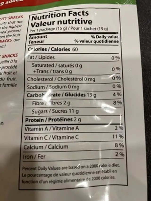 Collation aux pêches nutrition facts table