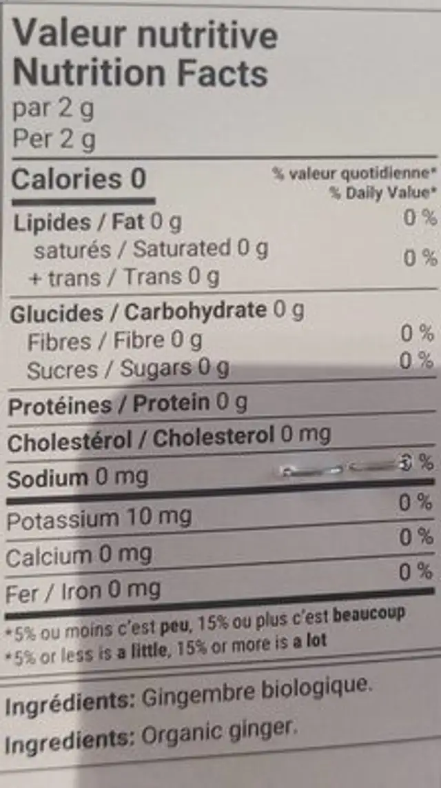Organic Ginger nutrition facts table