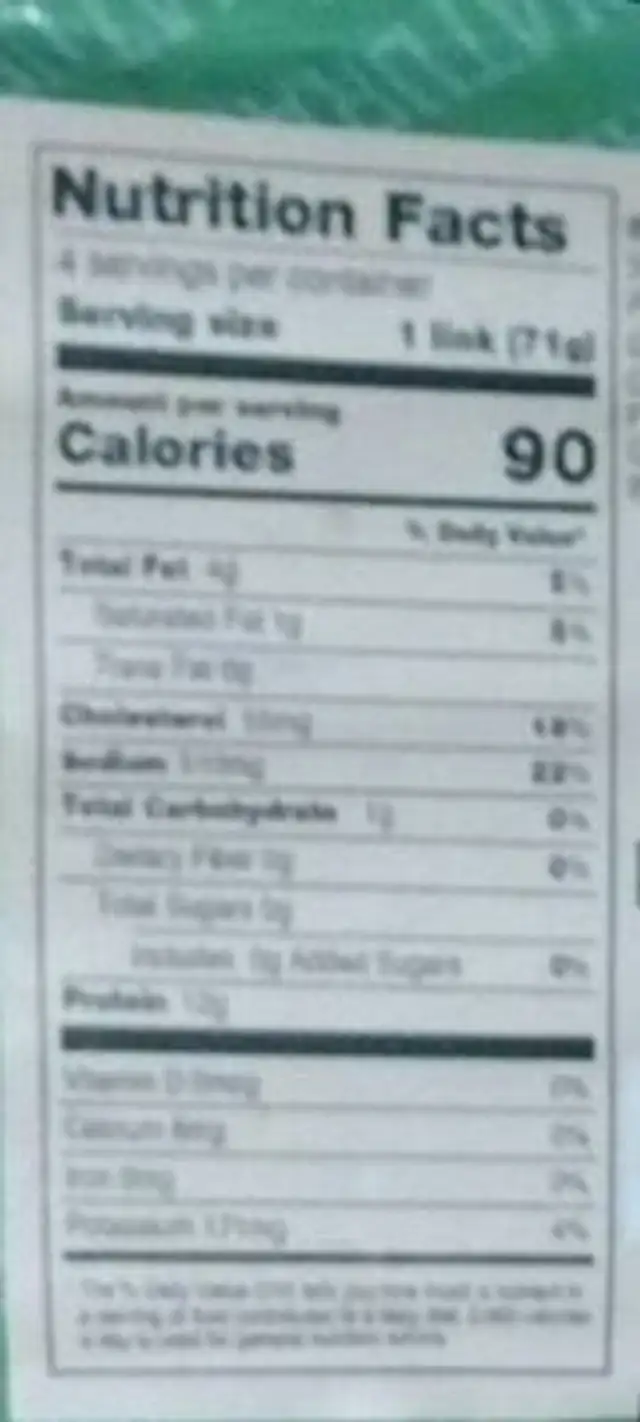 Green ridge Italian sausage nutrition facts table