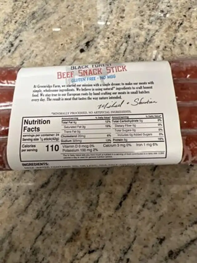 Beef snack ingredients label