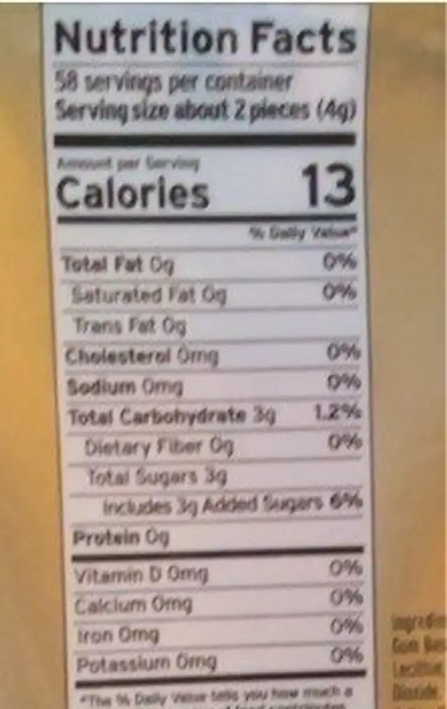 Rainbow gum balls nutrition facts table