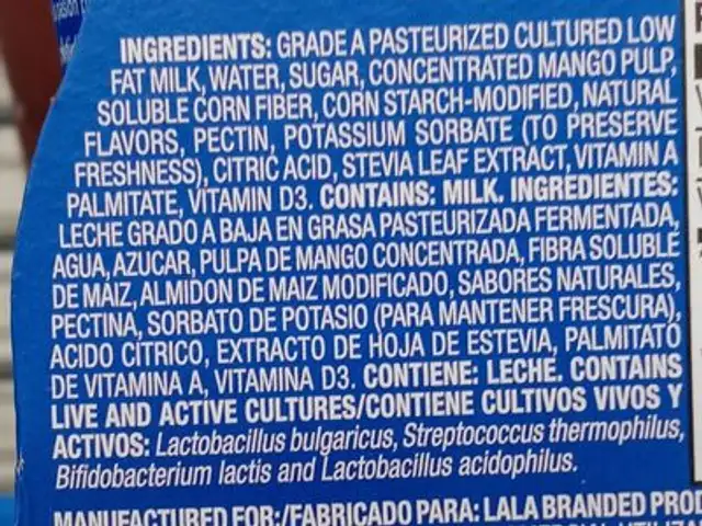 Drinkable yogurt smoothie with probiotics of ingredients label