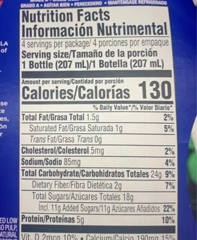 Drinkable yogurt smoothie with probiotics of nutrition facts table