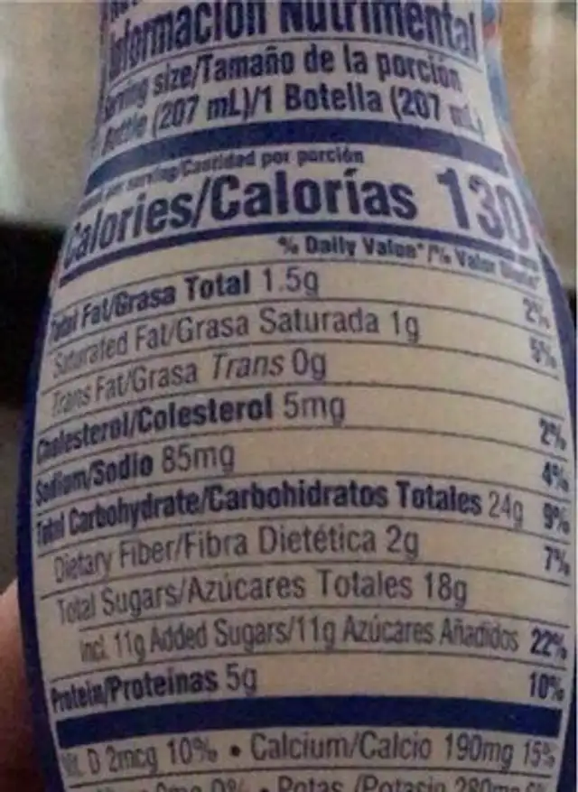 Drinkable yogurt smoothie with probiotics of nutrition facts table
