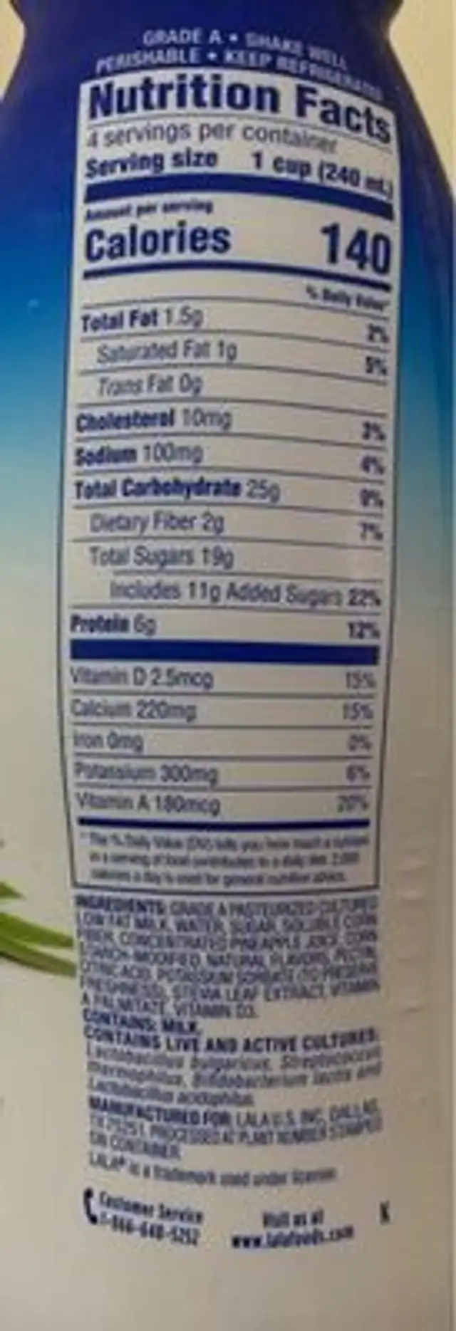 Yogurt Smoothie with Probiotics Piña Colada nutrition facts table