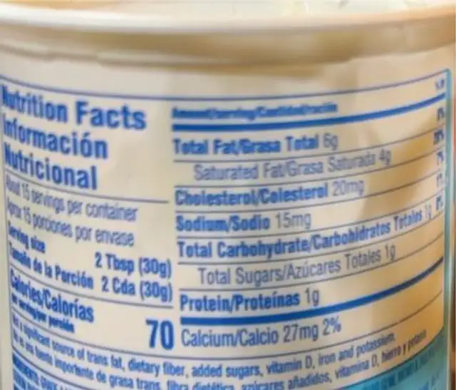Crema Mexicana nutrition facts table