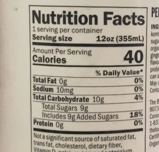Kombucha nutrition facts table