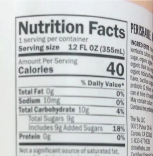 Raw kombucha nutrition facts table