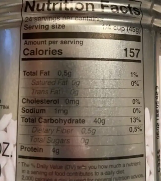 Acquerello Rice nutrition facts table