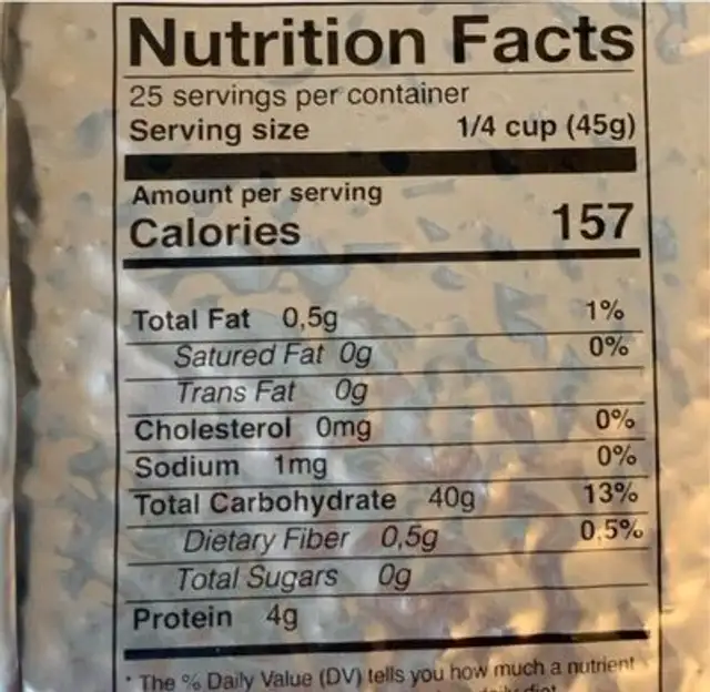 Riso Acquarello nutrition facts table