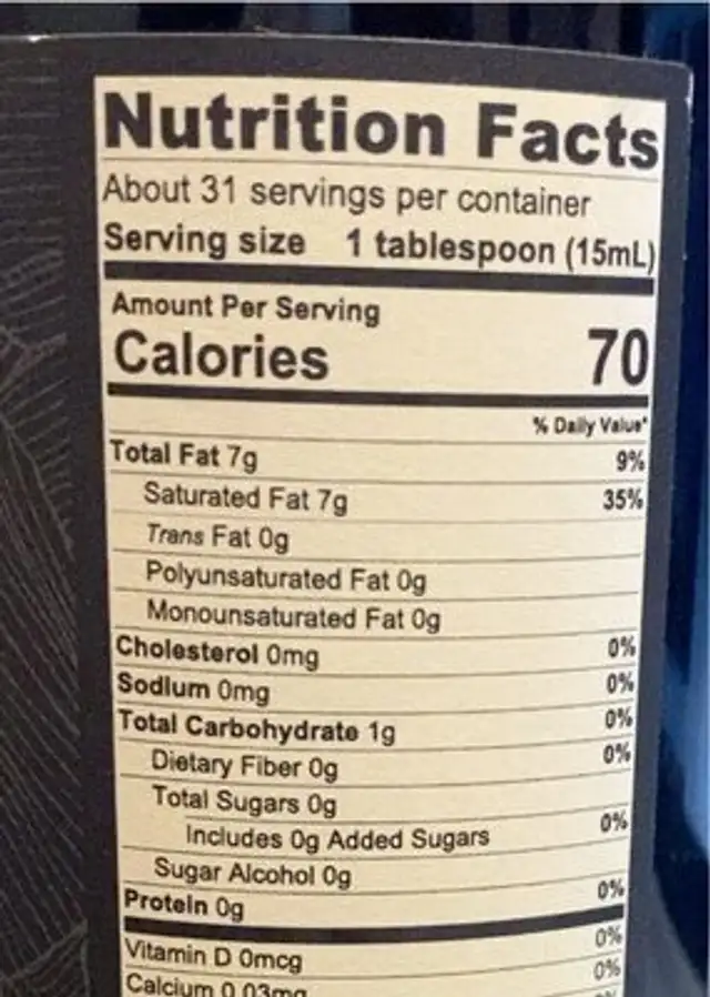 MCT OIL nutrition facts table