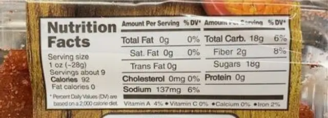 Chili Pineapple nutrition facts table