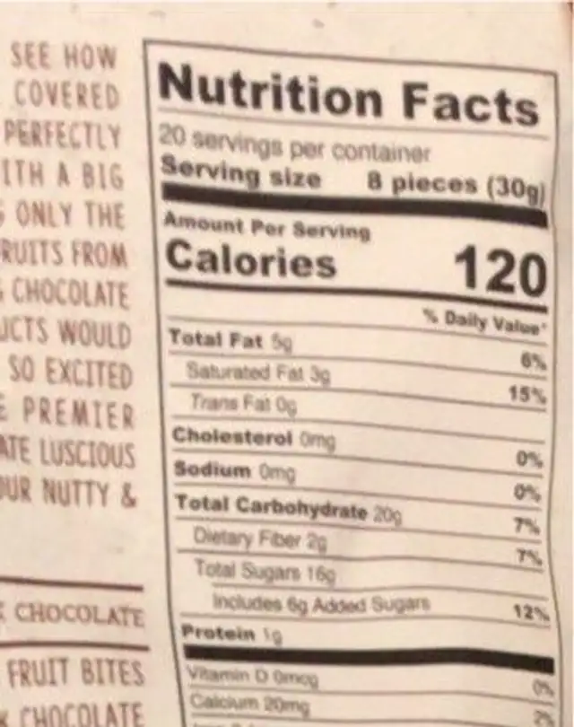 Dark chocolate Passion friut and pineapple nutrition facts table