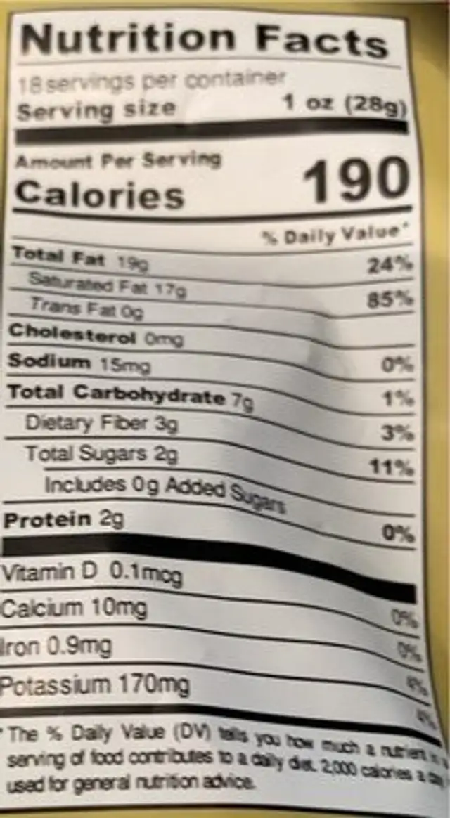 Organic coconut nutrition facts table