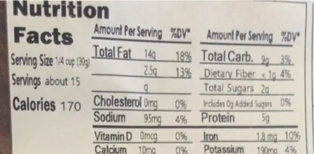 Whole Cashews nutrition facts table