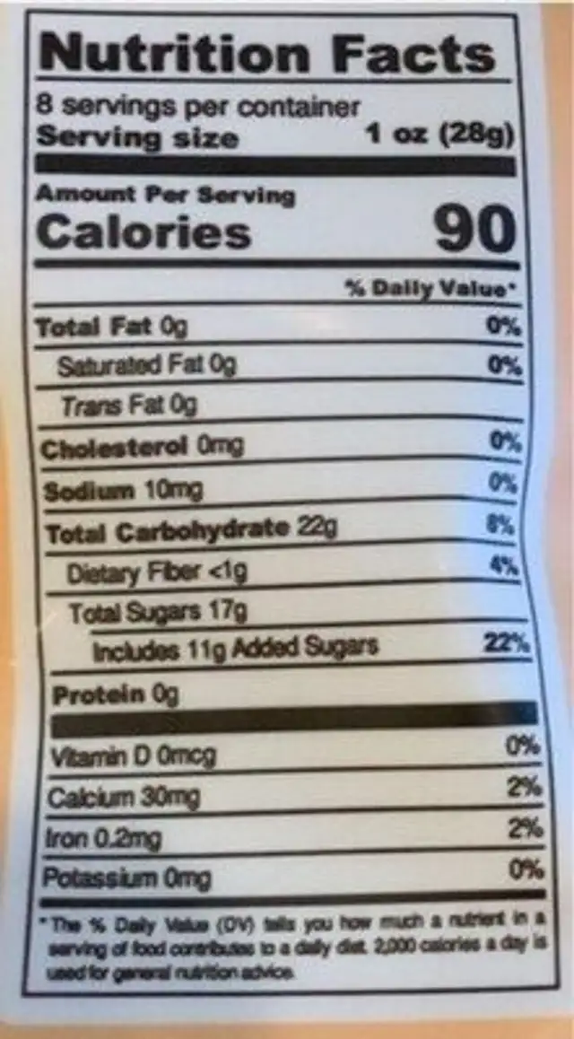 Young GINGER nutrition facts table