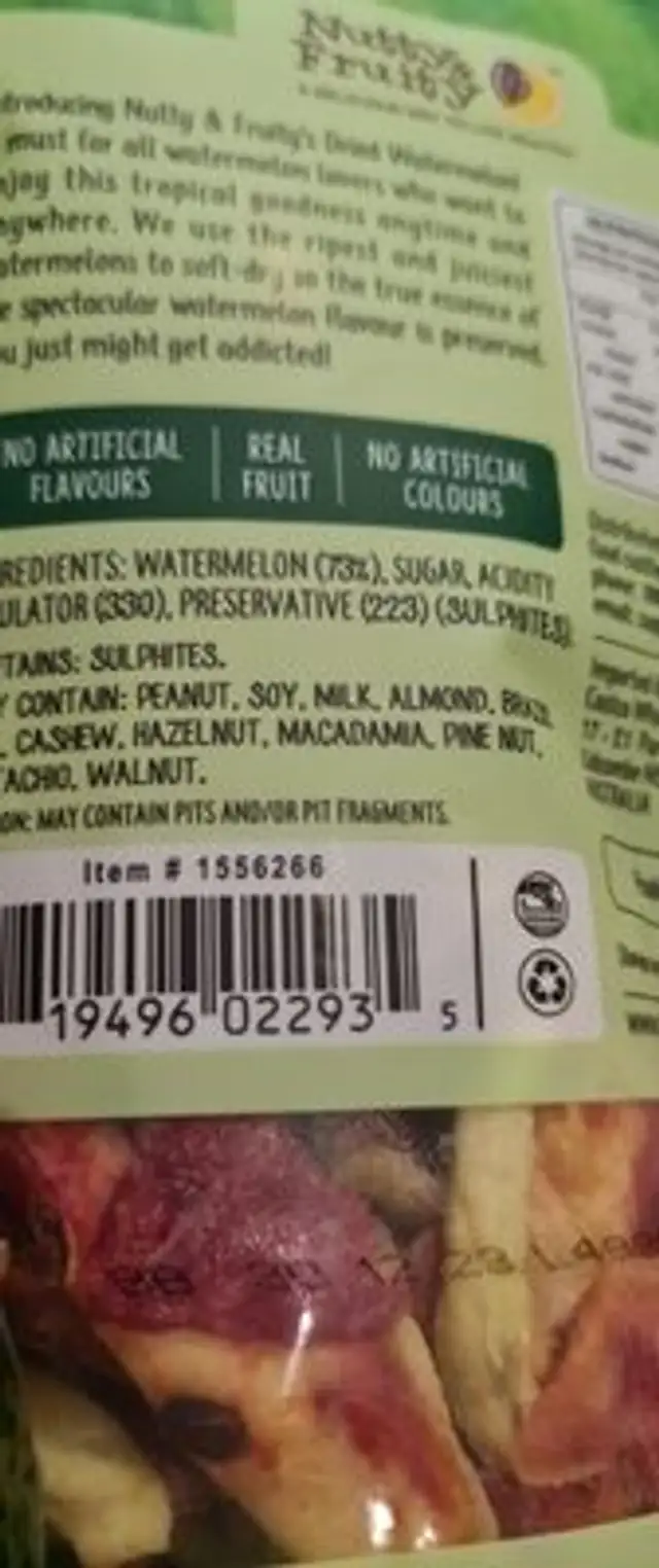 Dried Watermelon ingredients label