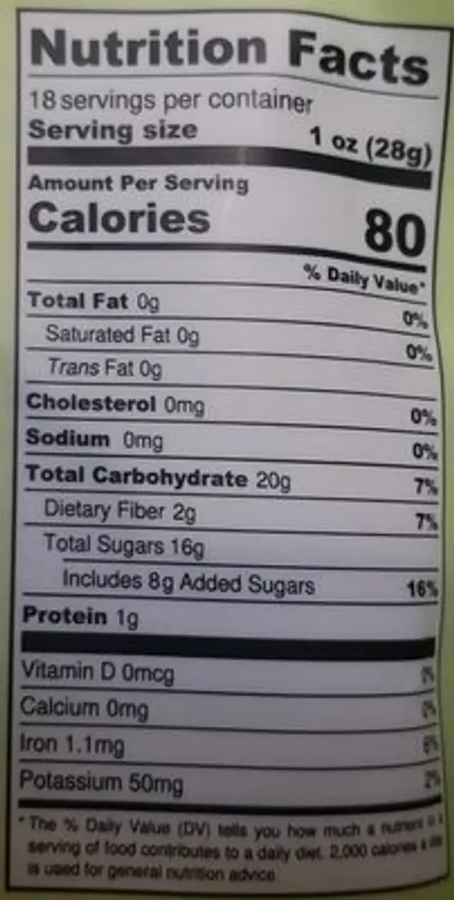 Kiwi Slices nutrition facts table