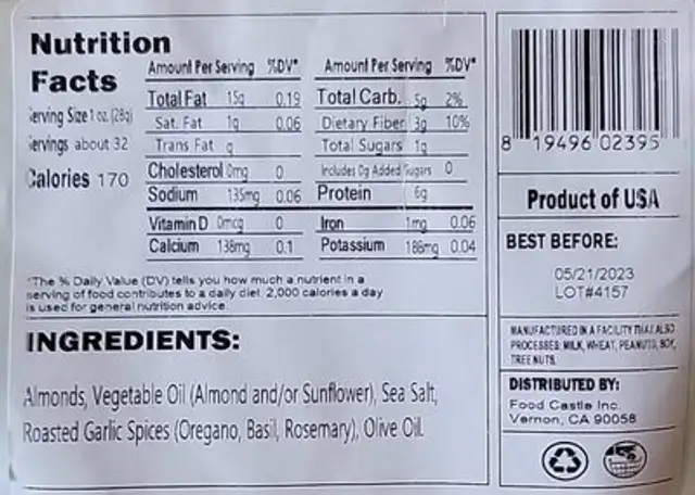 Garlic rosemary almond nutrition facts table